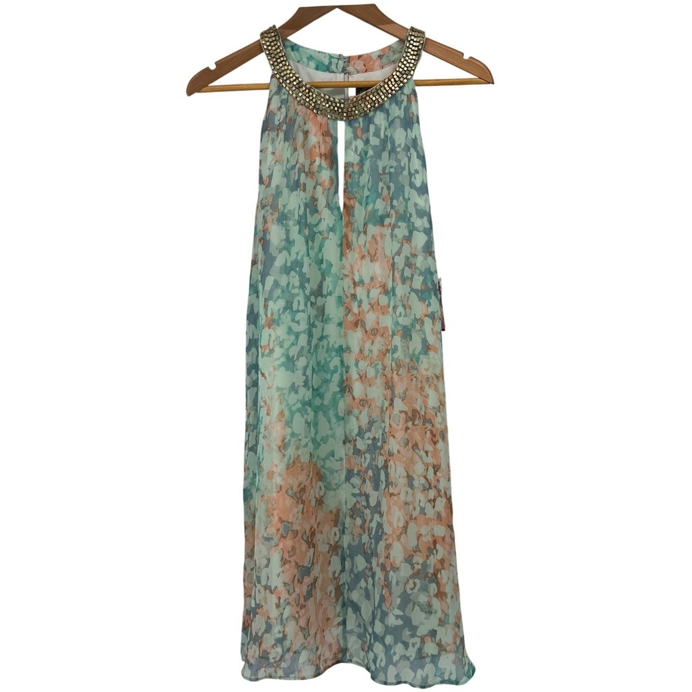 Vince Camuto Size 12 Abstract Floral Chiffon Halter Mini Dress with Beads